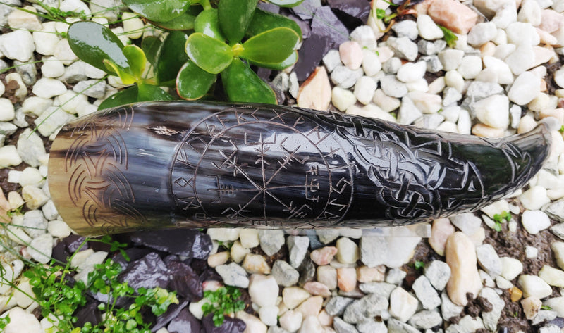 Hand Carved Large Viking Drinking Horn with Iron Stand - Viking Compass