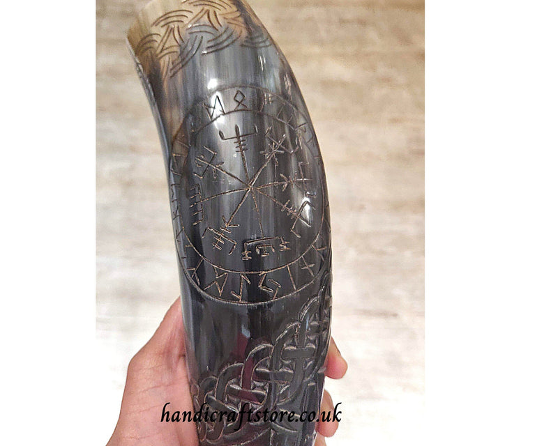 Hand Carved Large Viking Drinking Horn with Iron Stand - Viking Compass