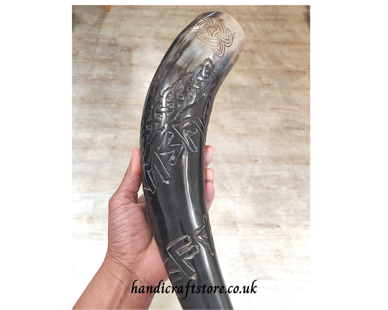 Hand Carved Large Viking Drinking Horn with Iron Stand - Viking Compass