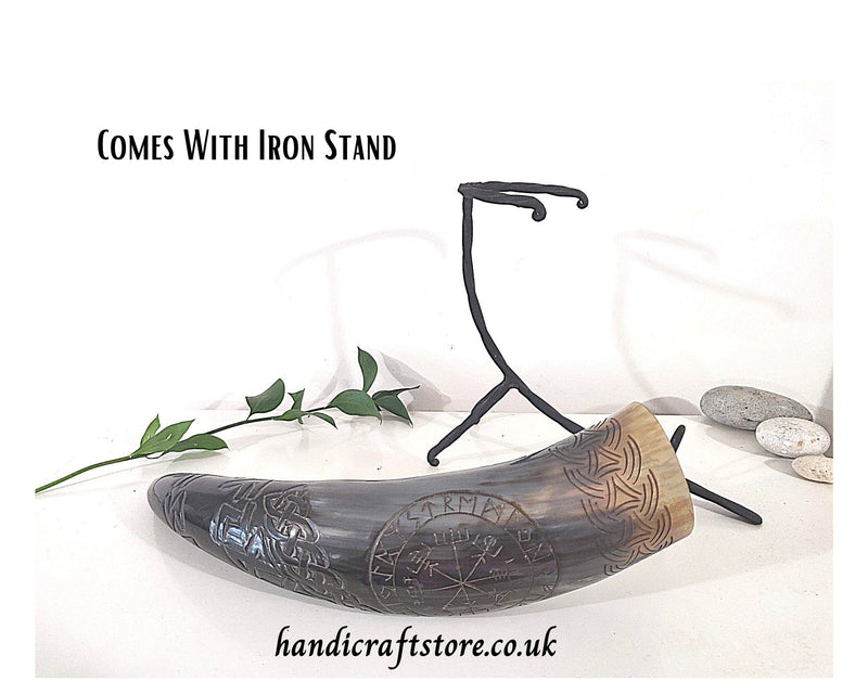 Hand Carved Large Viking Drinking Horn with Iron Stand - Viking Compass