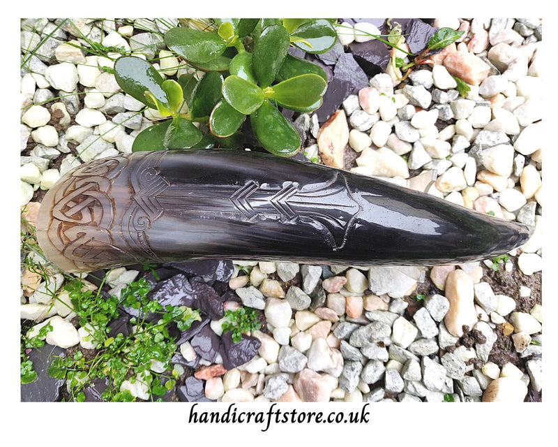 Hand Carved Viking Drinking Horn with Iron Stand - Irminsul