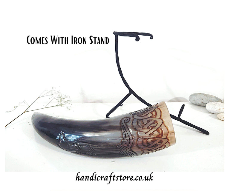Hand Carved Viking Drinking Horn with Iron Stand - Irminsul