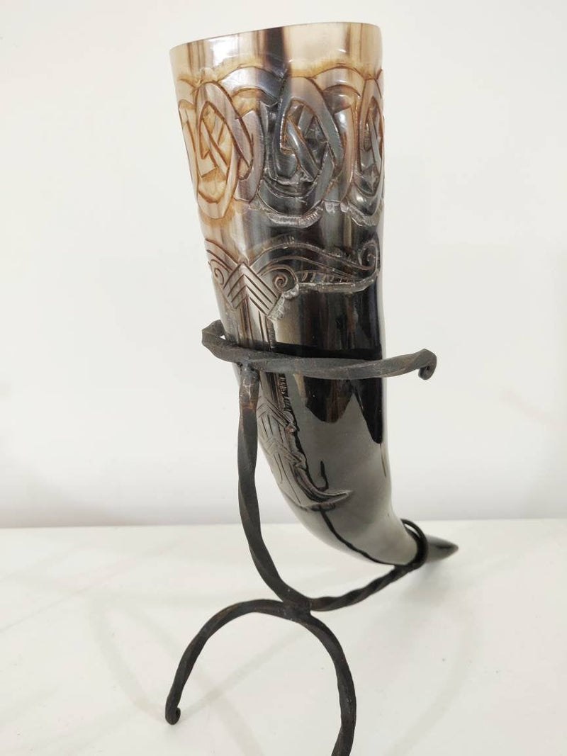 Hand Carved Viking Drinking Horn with Iron Stand - Irminsul