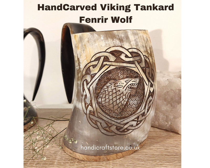Personalised Handcarved Viking Drinking Horn Mug/Tankard, Fenrir Wolf