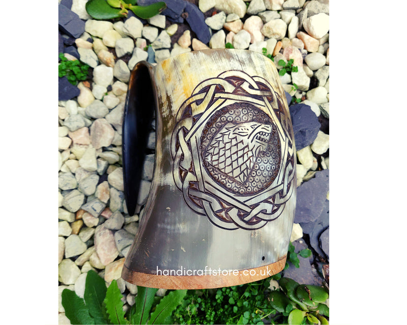 Personalised Handcarved Viking Drinking Horn Mug/Tankard, Fenrir Wolf
