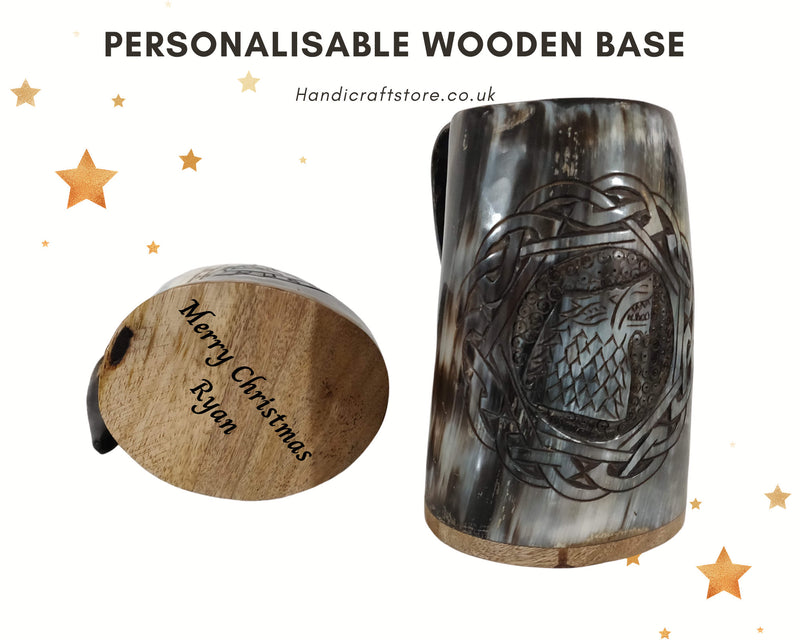 Personalised Handcarved Viking Drinking Horn Mug/Tankard, Fenrir Wolf