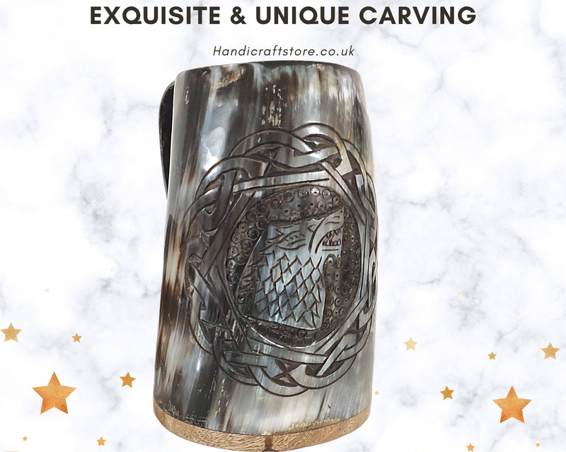 Personalised Handcarved Viking Drinking Horn Mug/Tankard, Fenrir Wolf