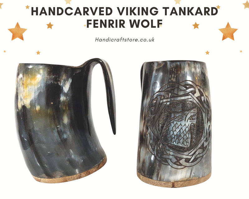 Personalised Handcarved Viking Drinking Horn Mug/Tankard, Fenrir Wolf