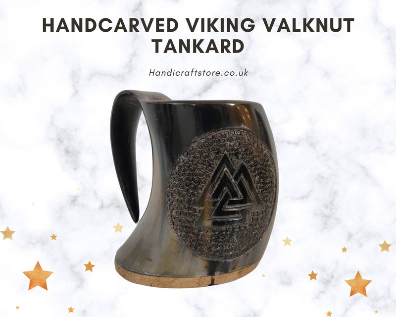 Handmade Carved Viking Drinking Horn Mug/Tankard, Viking Valknut