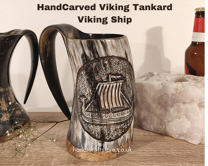 Handmade Carved Viking Drinking Horn Mug/Tankard, Viking Ship Tankard