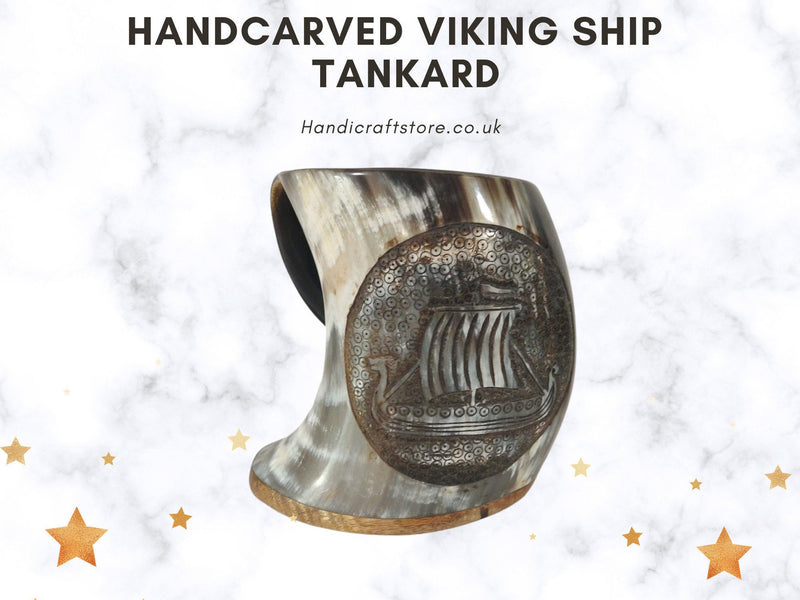 Handmade Carved Viking Drinking Horn Mug/Tankard, Viking Ship Tankard