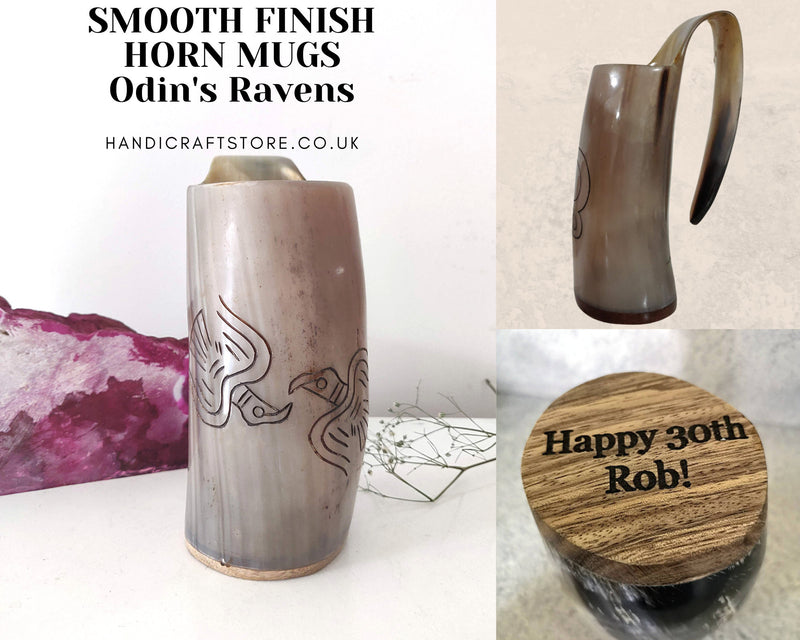 Real Horn Mug, Personalized Viking Horn Mug -Odin’s Raven, Polished Horn mug