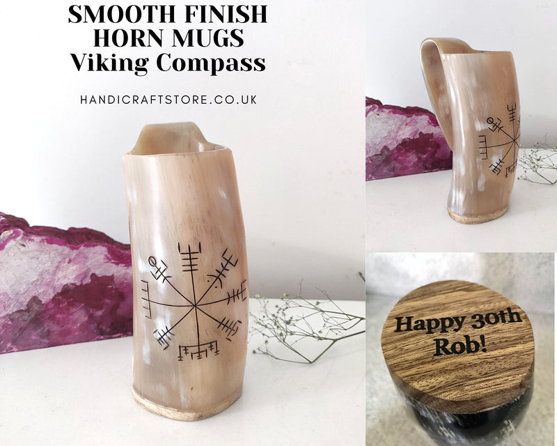 Real Horn mug, Personalized Viking Horn Mug - Viking Compass, Polished Horn mug