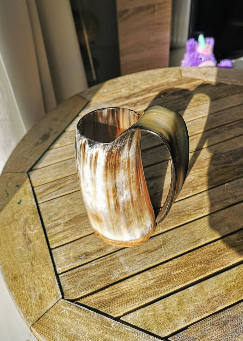 Real Horn Mug, Personalized Viking Horn Mug -Odin’s Raven, Polished Horn mug