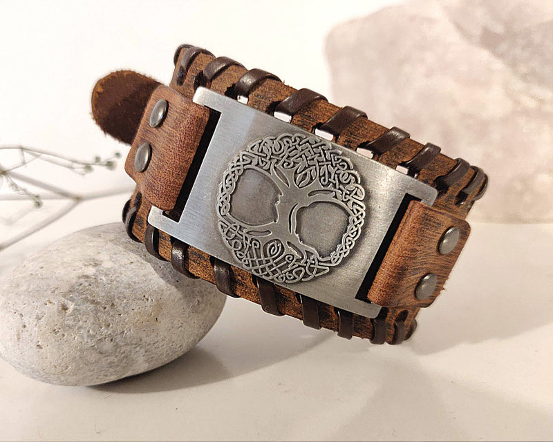 Viking Tree of Life Wristband Nordic Symbol Brown Leather Bracelet, Gift for Him, Men's Bracelet