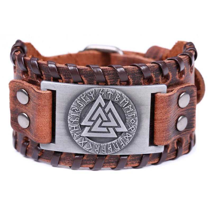 Viking Wristband With Runes, Valknut Wristband, Brown Leather Bracelet