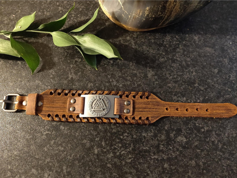 Viking Wristband With Runes, Valknut Wristband, Brown Leather Bracelet