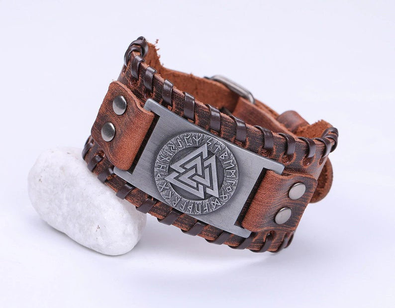 Viking Wristband With Runes, Valknut Wristband, Brown Leather Bracelet
