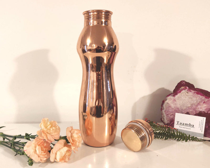 Glossy Curved Copper Water Bottle - Gloss finish, Curve Style, Gift for Birthday and Wedding Anniversary