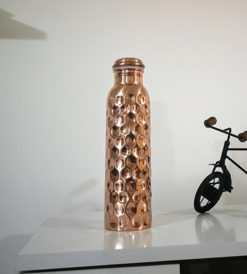 Diamond-Cut Glossy Copper Water Bottle ,Joint Free-Ayurveda Health Benefits