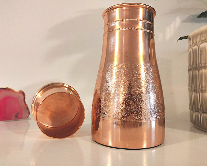 Copper Water Carafe with removable copper lid, Etched Design, Health Benefits