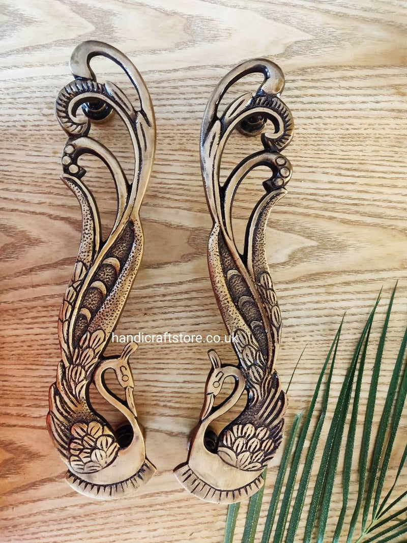 Brass Peacock Door Handles (Bronze) - Set of 2 Peacock Door Handles| 11 inches