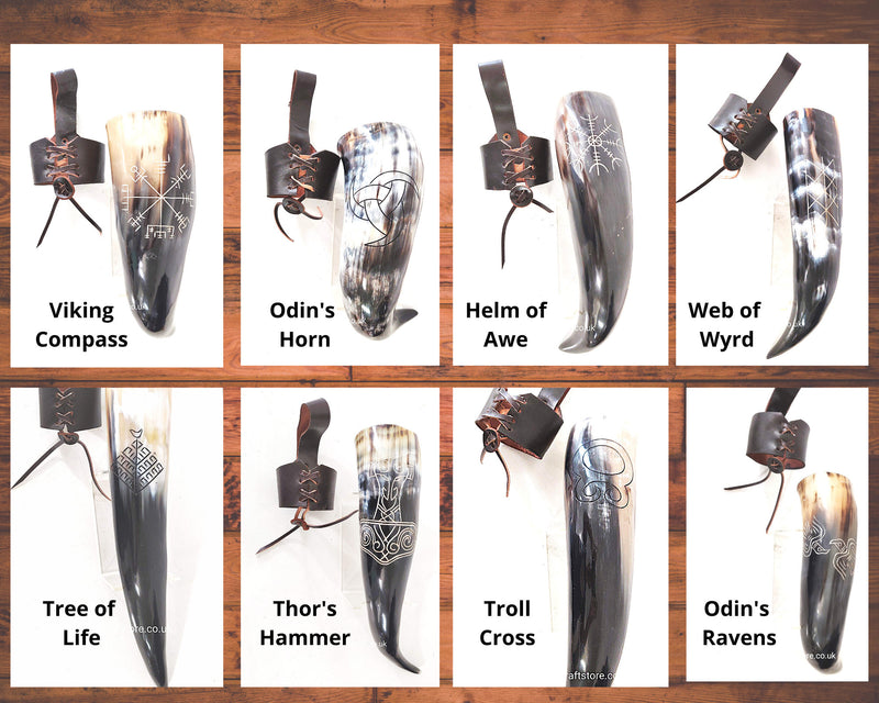 Personalized Engraved Large Viking Drinking Horns with leather strap Holder