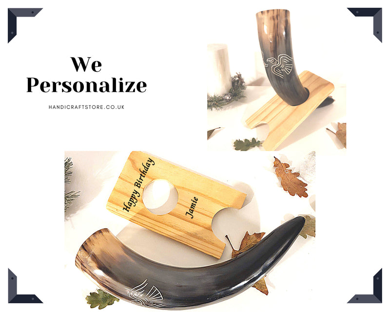 Handmade Viking Drinking Horn With Wooden Stand, Personalized Gift