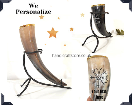 Viking Drinking Horn With Iron Stand, Personalized Medieval Horn With Brass Rim