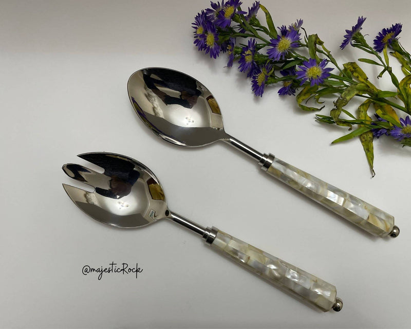 Mother of pearls salad server/Stainless steel salad server set spoon and fork /Cutlery/Unique luxurious gift/wedding /housewarming/birthday