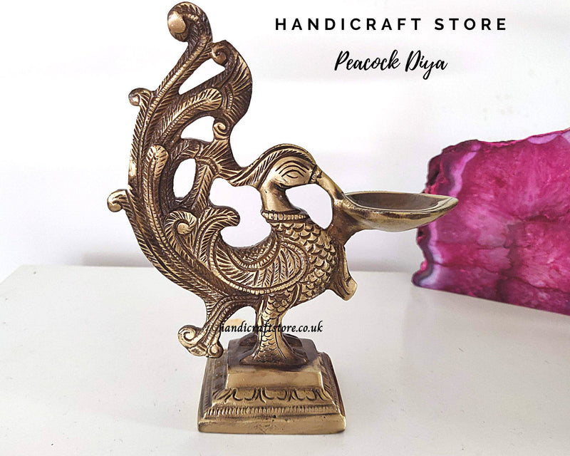 Peacock Design Brass Diya 7 Inches, Handmade Brass Diya