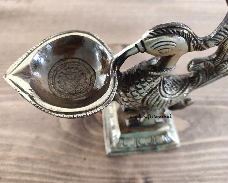 Peacock Design Brass Diya 7 Inches, Handmade Brass Diya