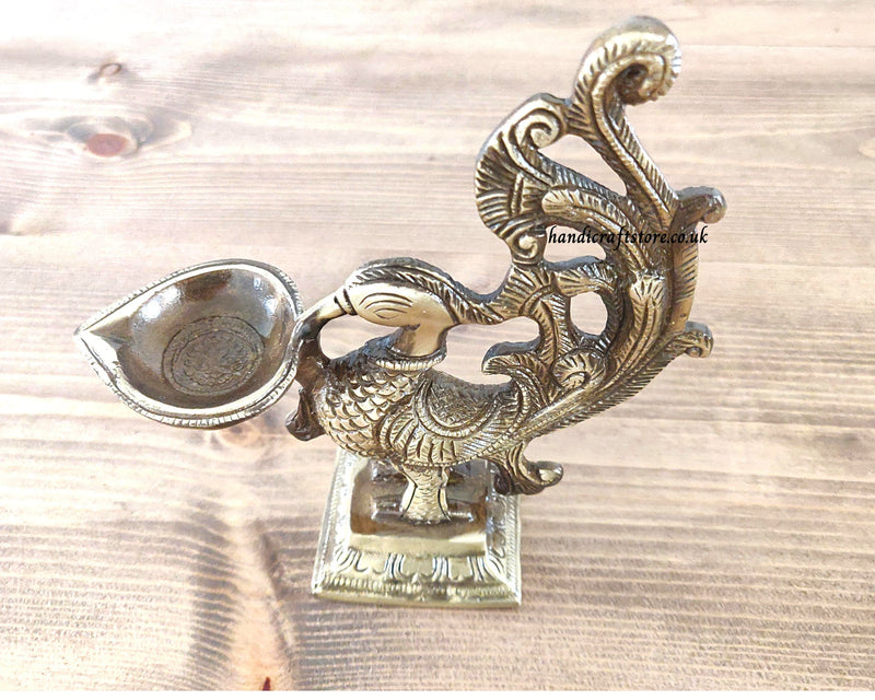 Peacock Design Brass Diya 7 Inches, Handmade Brass Diya