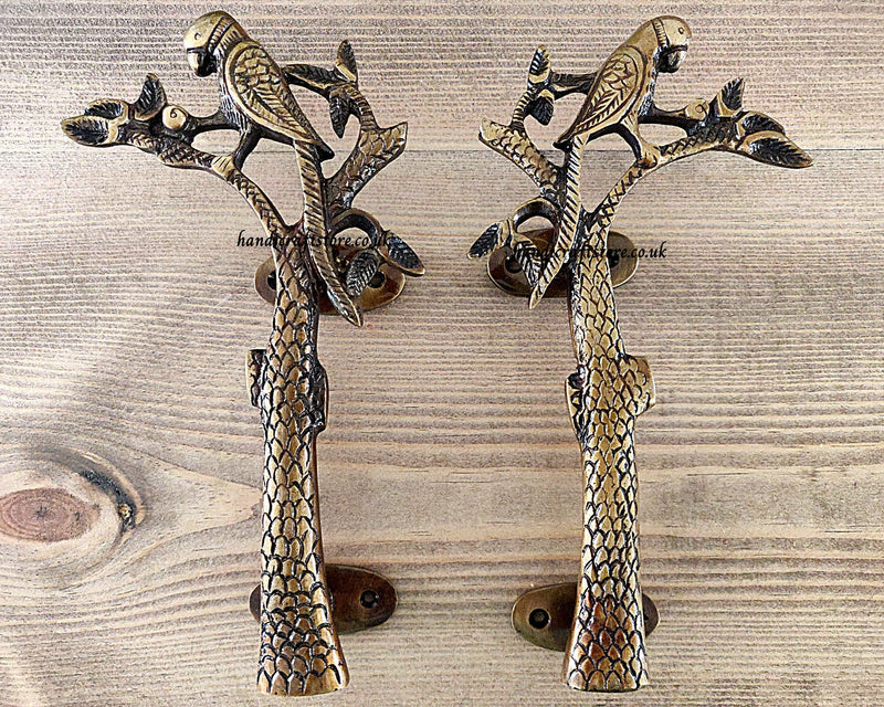 Set of 2 Parrot-on-a-tree Brass Door Handles | 8 inches | Brass Door Handles