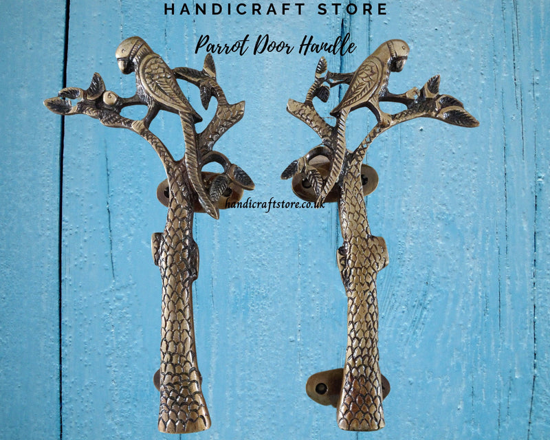 Set of 2 Parrot-on-a-tree Brass Door Handles | 8 inches | Brass Door Handles