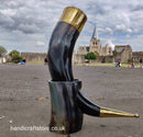 X-Large Viking Drinking Horn(13-15") with stand, Horn with brass border and tail