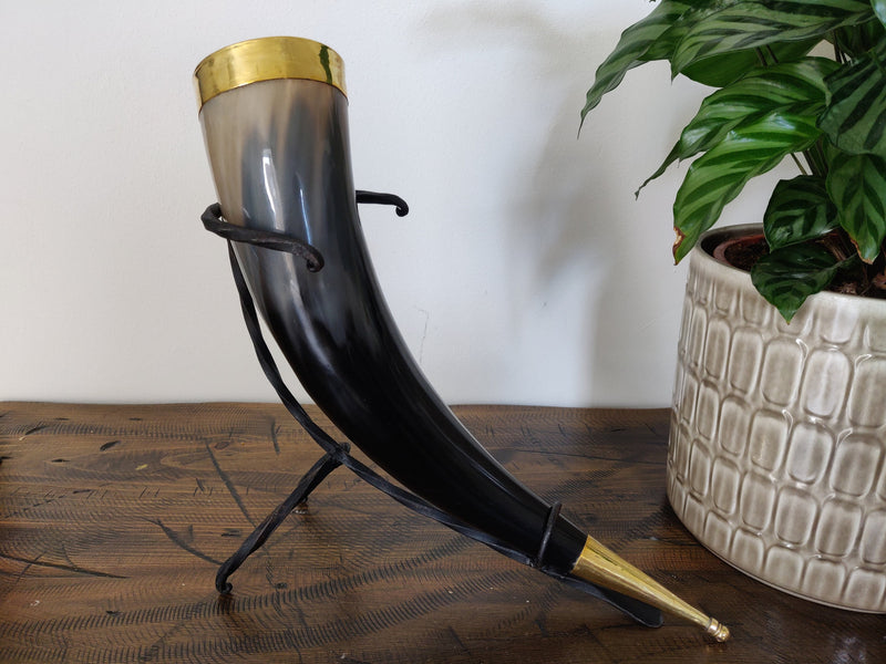 X-Large Viking Drinking Horn(13-15") with stand, Horn with brass border and tail
