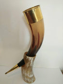 X-Large Viking Drinking Horn(13-15") with stand, Horn with brass border and tail