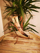 X-Large Viking Drinking Horn(13-15") with stand, Horn with brass border and tail