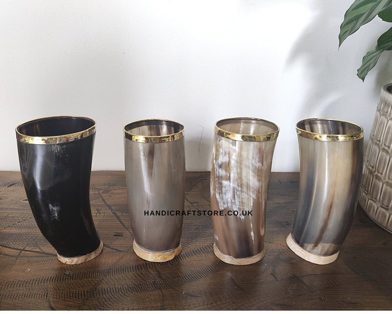 Viking Drinking Horn Cups Set, Horn Cups with brass rims wood base, wedding gift