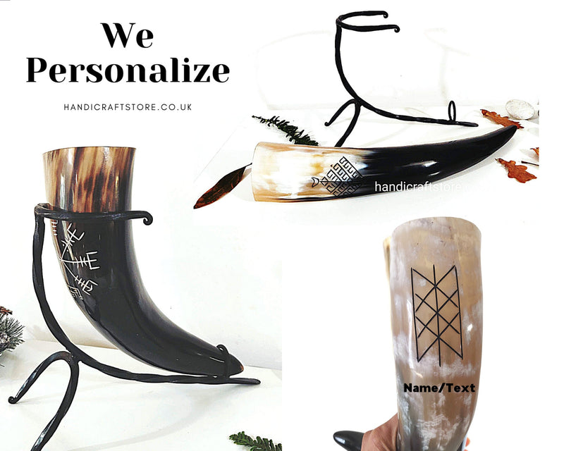 Personalized Engraved Large Viking Drinking Horns with iron stand
