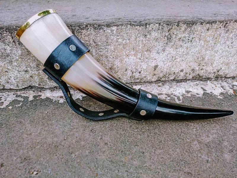 Personalizable Drinking Horn with Leather strap handle, LARP, Unique gift