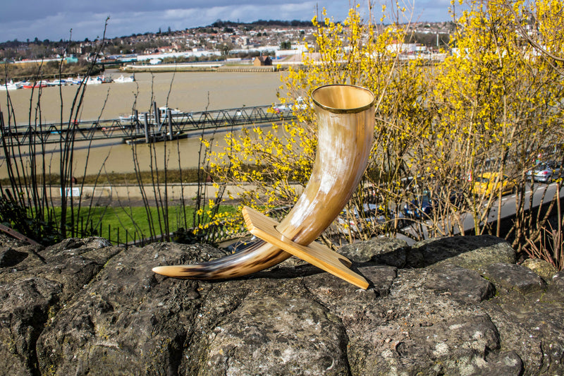 Personalised / DRINKING HORN with brass top border and wood stand