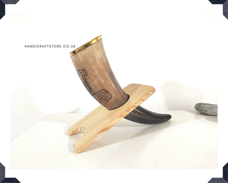 Personalized Large Viking Horns With Wooden Stand -  Engraved Brass Rimmed Horns