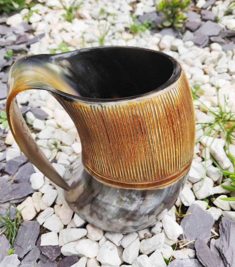 Personalised Real Horn Mug, Burnt effect Mug/Tankard, Etched Pattern Horn Mug