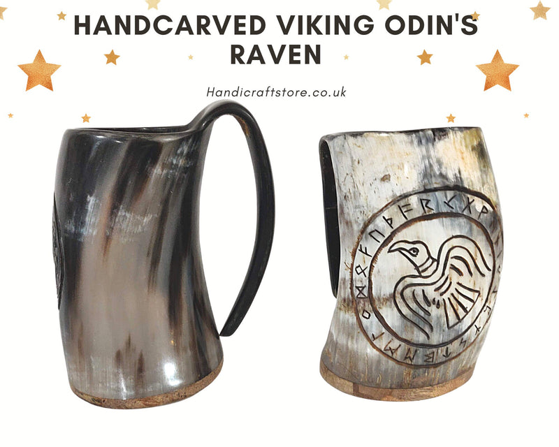 Handcarved Viking Drinking Horn Mug/Tankard, Odin's Raven