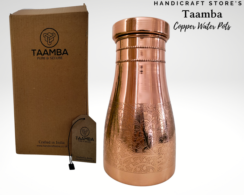 Copper Water Carafe with removable copper lid, Etched Design, Health Benefits